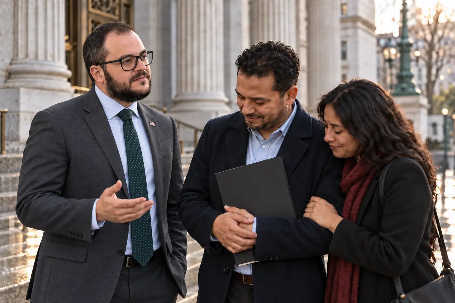 Mikhail Usher speaking with a couple outside a courthouse