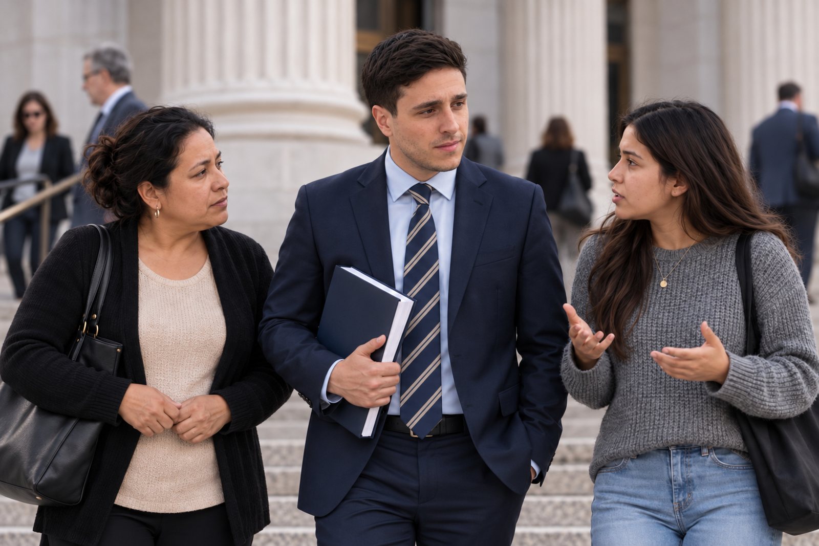 Mitchell Bromberg leaving a federal courthouse with a client and her daughter
