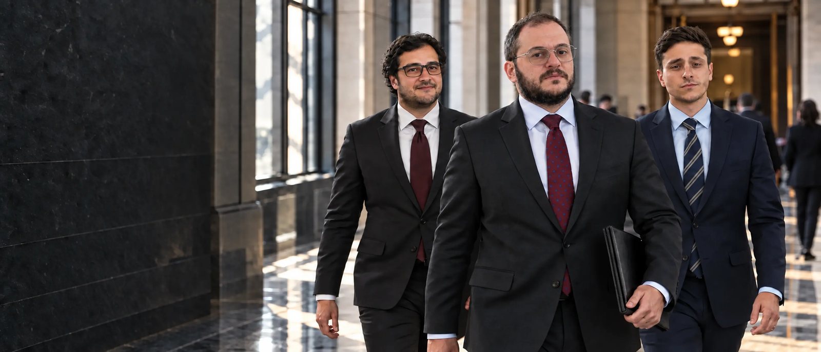 Alexander Susi, Mikhail Usher and Mitchell Bromberg walking through a courthouse