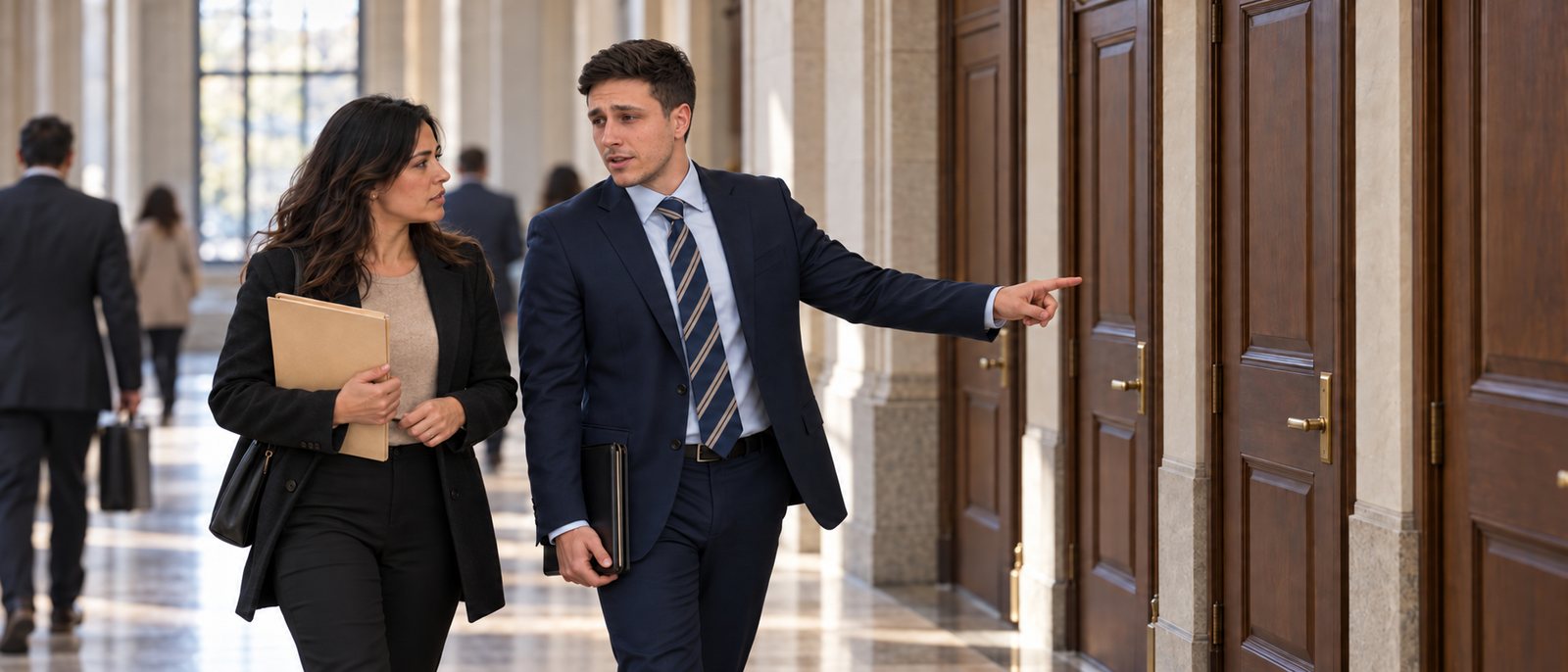 Mitchell Bromberg walking a client down a courthouse corridor