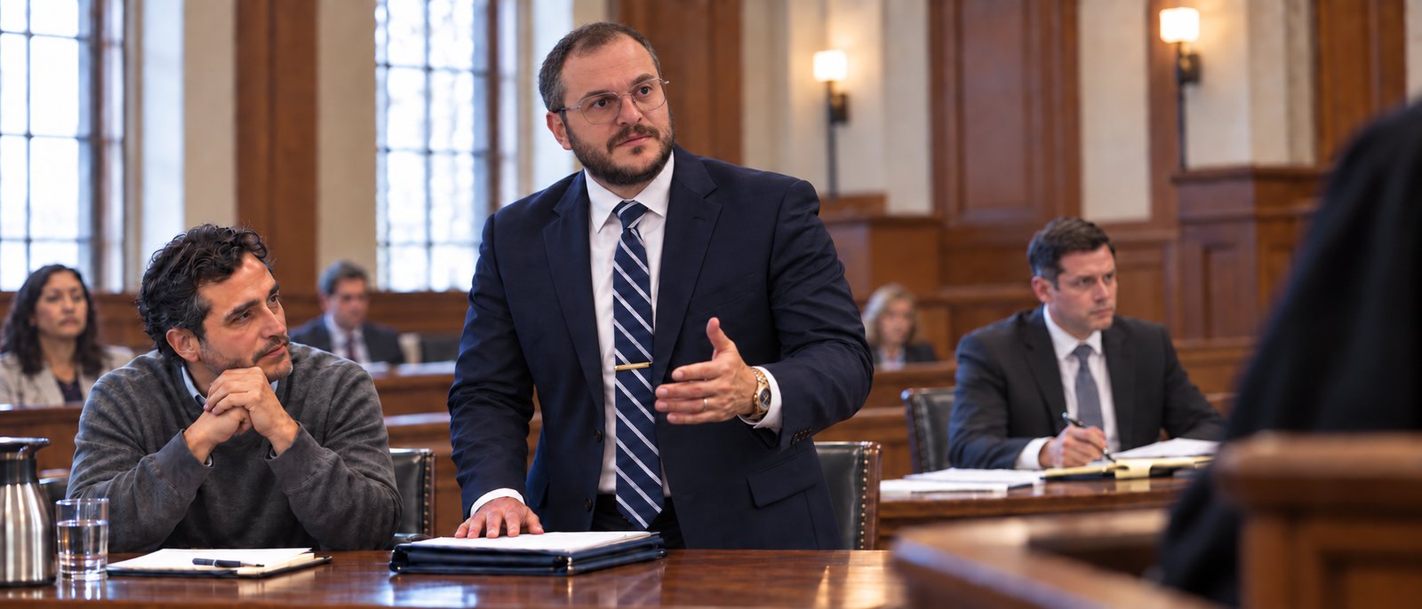 Mikhail Usher addressing the immigration judge beside a client