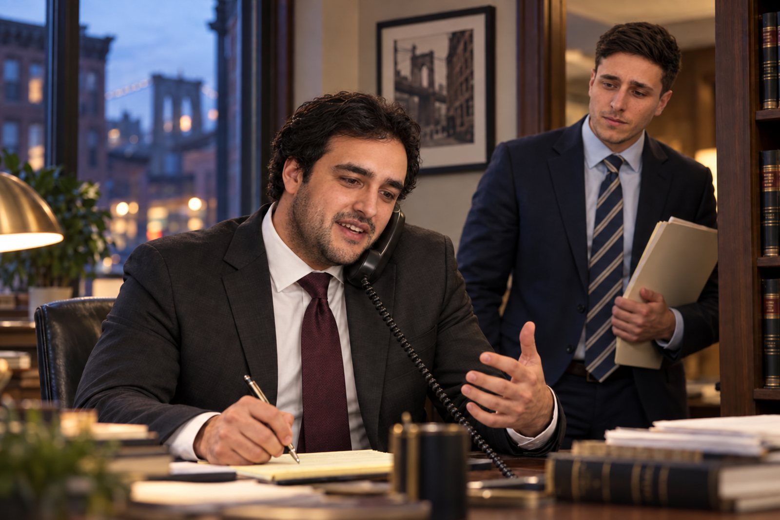 Alexander Susi on the phone at his desk while Mitchell Bromberg waits with a file