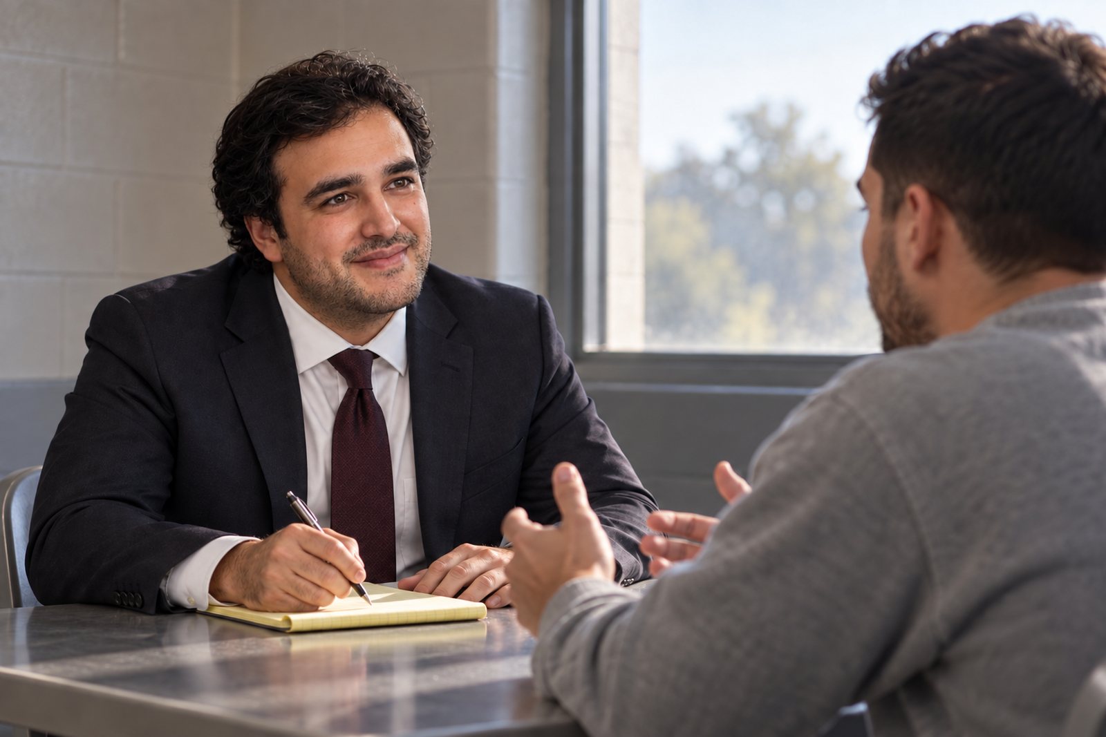 Alexander Susi taking notes across the table from a client in a visiting room